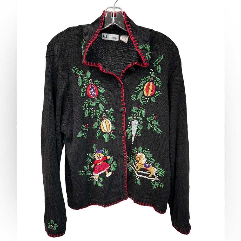 B.P Design Size L Black W Embroidered Beaded Ornaments Cardigan Sweater